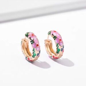 Enamel Vintage Boho inspired Floral Huggie Hoop Earrings for Pierced Ears